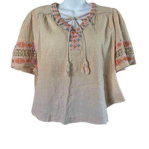 Beige Tassel Drawstring Boho Chic Embroidered Half Sleeve V Neck Top Size M - Picture 2 of 15